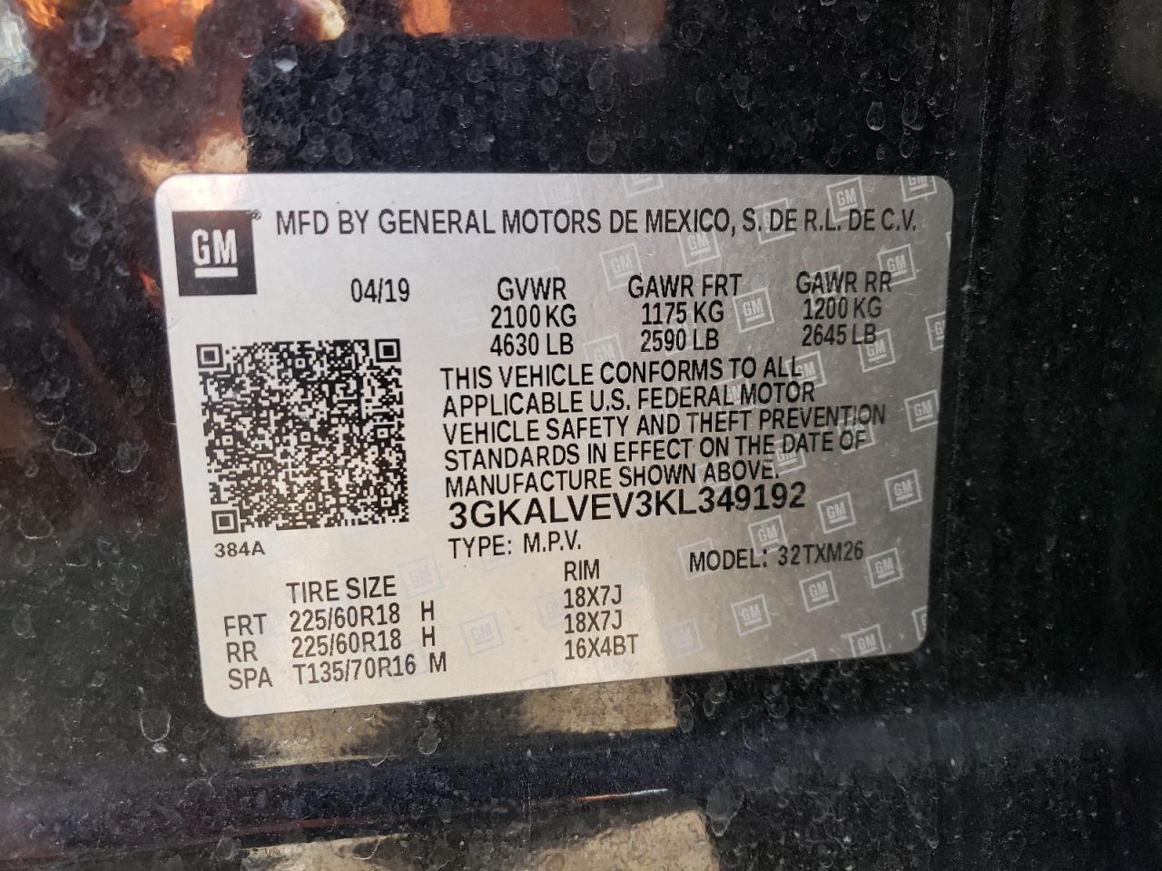 2019 GMC Terrain VIN 3GKALVEV3KL349192 Copart auction photo, all over damage thumbnail 13