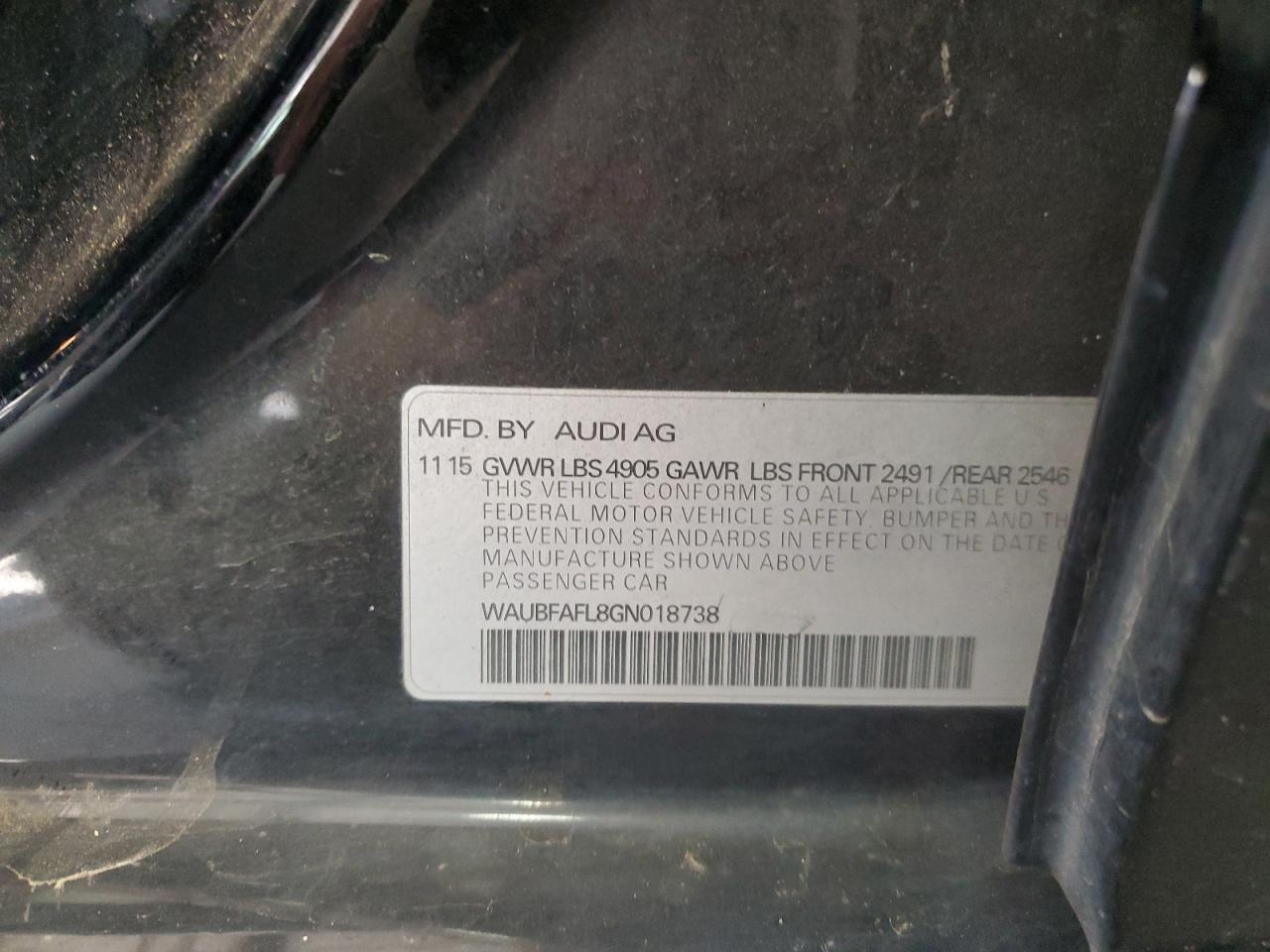 2016 Audi A4 VIN WAUBFAFL8GN018738 Copart auction photo, front end damage thumbnail 12