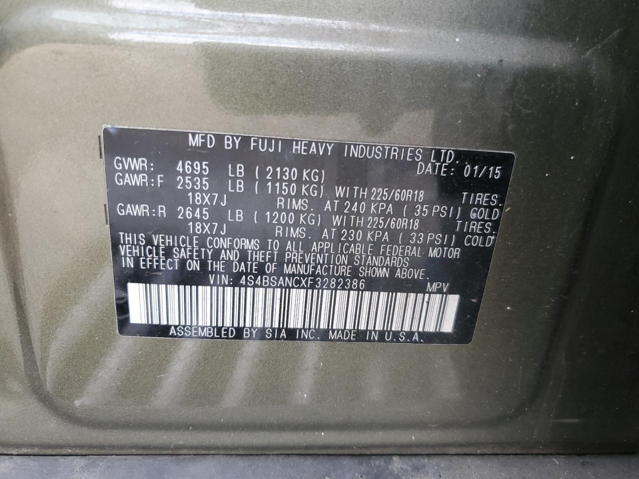 2015 Subaru Outback VIN 4S4BSANCXF3282386 Copart auction photo, front end / side damage thumbnail 15