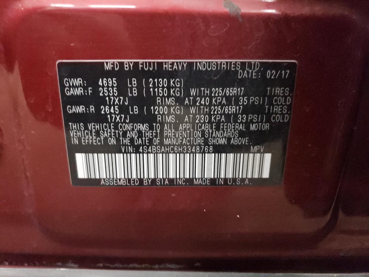 2017 Subaru Outback VIN 4S4BSAHC6H3348768 Copart auction photo, side / front end damage thumbnail 13