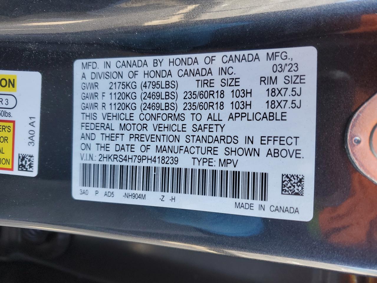 2023 Honda CR-V VIN 2HKRS4H79PH418239 Copart auction photo, side damage thumbnail 13