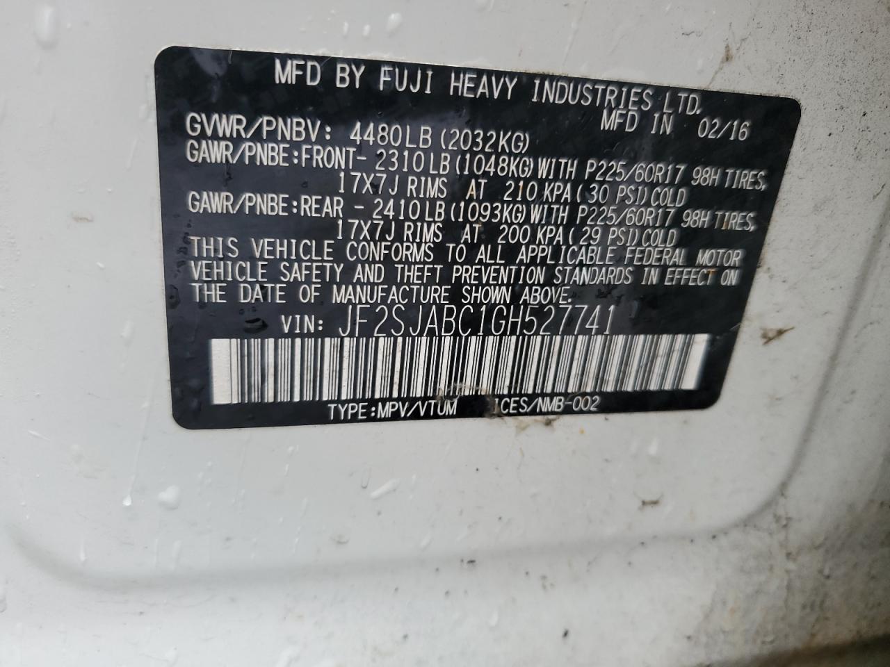 2016 Subaru Forester VIN JF2SJABC1GH527741 Copart auction photo, rear end damage thumbnail 12