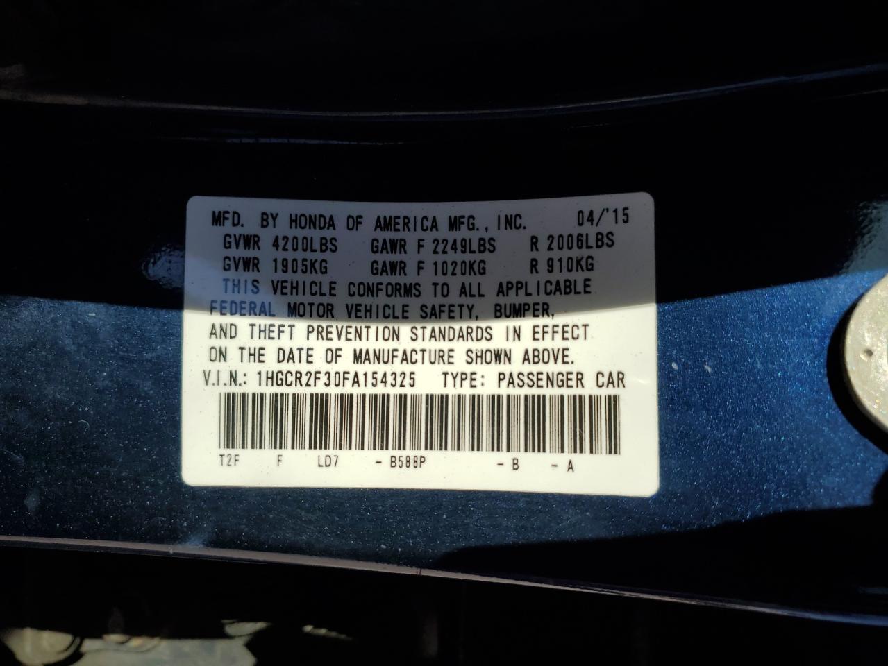 2015 Honda Accord VIN 1HGCR2F30FA154325 Copart auction photo, front end / minor dent/scratches damage thumbnail 13