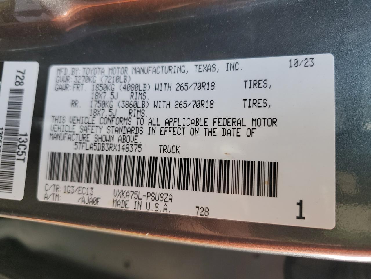 2024 Toyota Tundra VIN 5TFLA5DB3RX148375 Copart auction photo, front end / side damage thumbnail 14