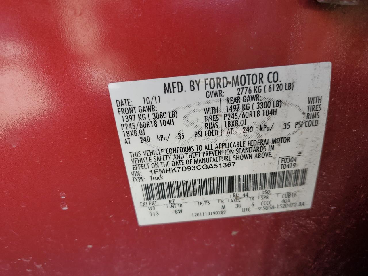 2012 Ford Explorer VIN 1FMHK7D93CGA51367 Copart auction photo, rear end damage thumbnail 13