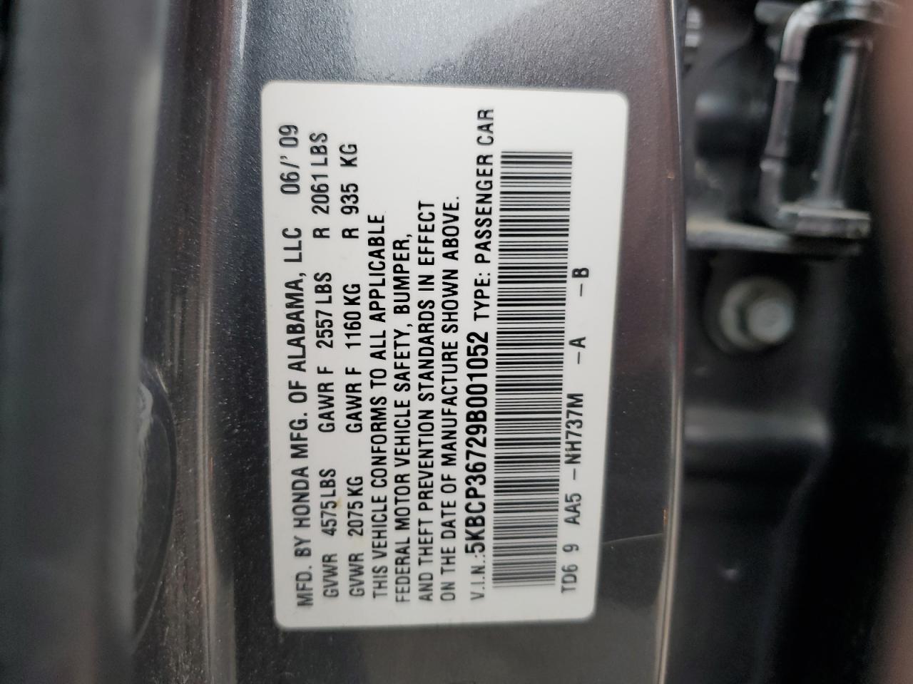 2009 Honda Accord VIN 5KBCP36729B001052 Copart auction photo, rear end damage thumbnail 13