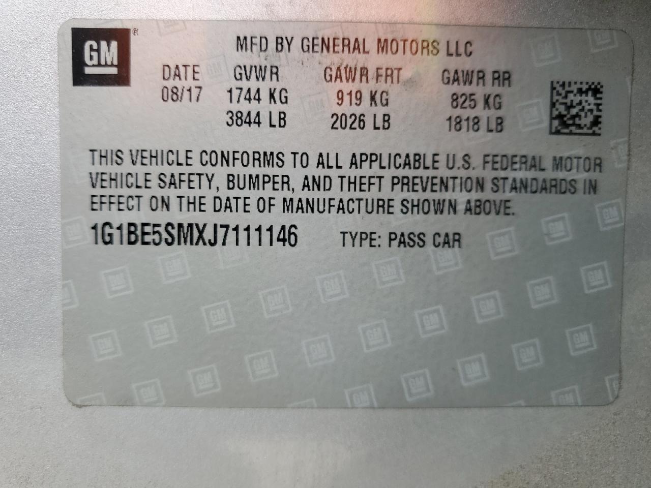 2018 Chevrolet Cruze VIN 1G1BE5SMXJ7111146 Copart auction photo, rear end / minor dent/scratches damage thumbnail 14
