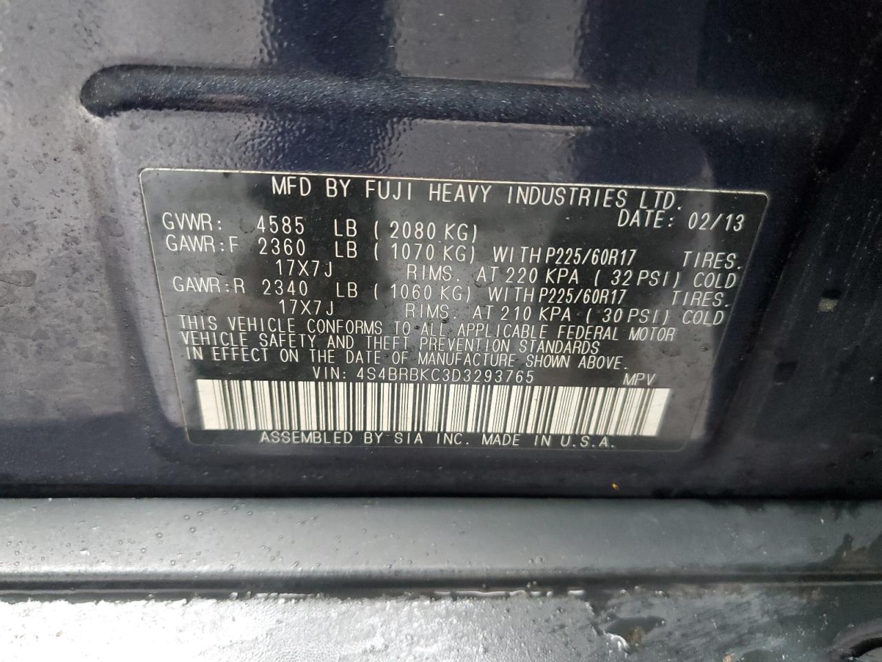 2013 Subaru Outback VIN 4S4BRBKC3D3293765 Copart auction photo, undercarriage / front end damage thumbnail 15