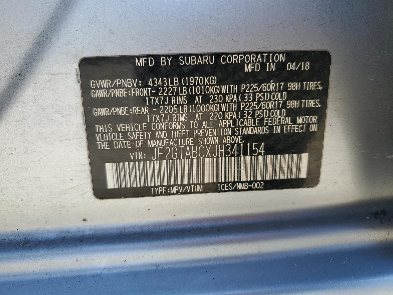 2018 Subaru XV VIN JF2GTABCXJH341154 Copart auction photo, side / rear end damage thumbnail 13