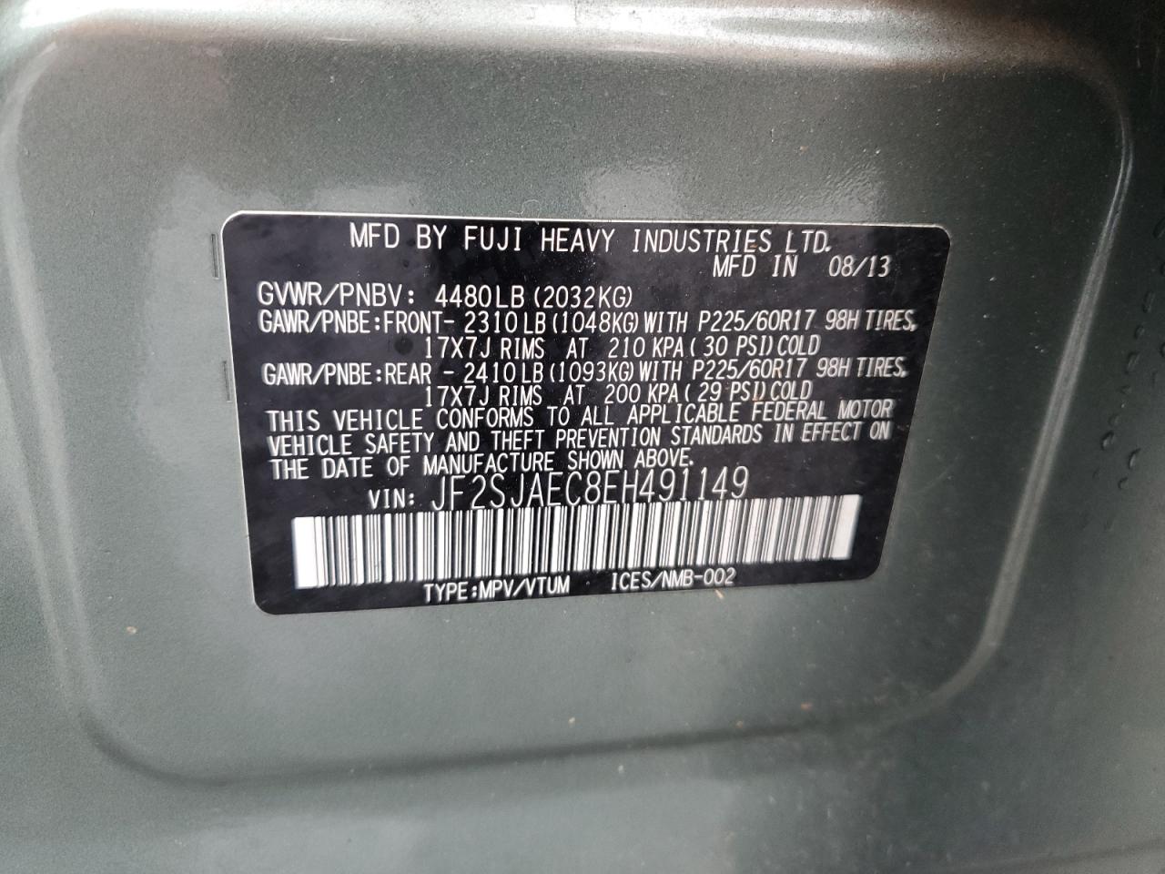 2014 Subaru Forester VIN JF2SJAEC8EH491149 Copart auction photo, side / all over damage thumbnail 14