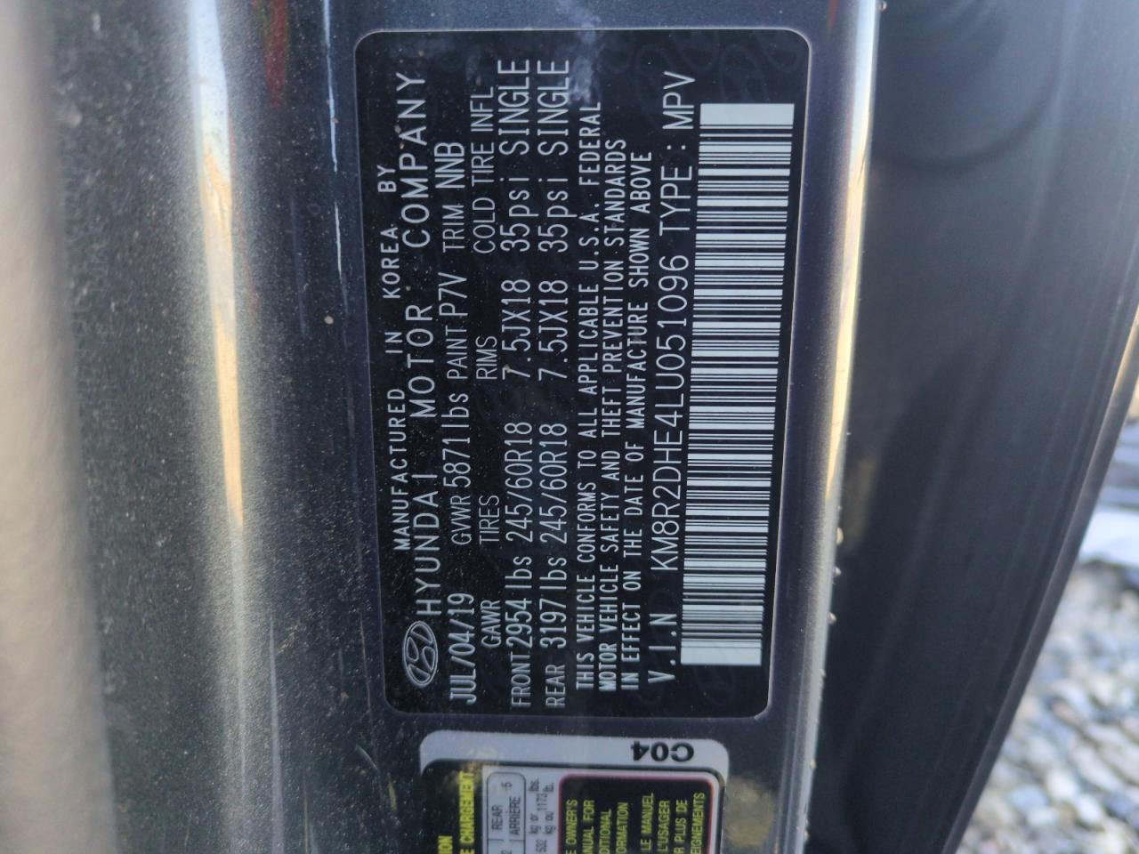 2020 Hyundai Palisade VIN KM8R2DHE4LU051096 Copart auction photo, side damage thumbnail 14