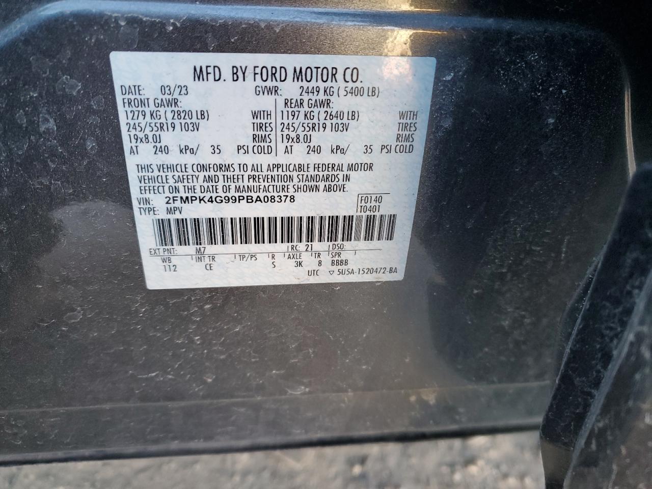 2023 Ford Edge VIN 2FMPK4G99PBA08378 Copart auction photo, front end damage thumbnail 12
