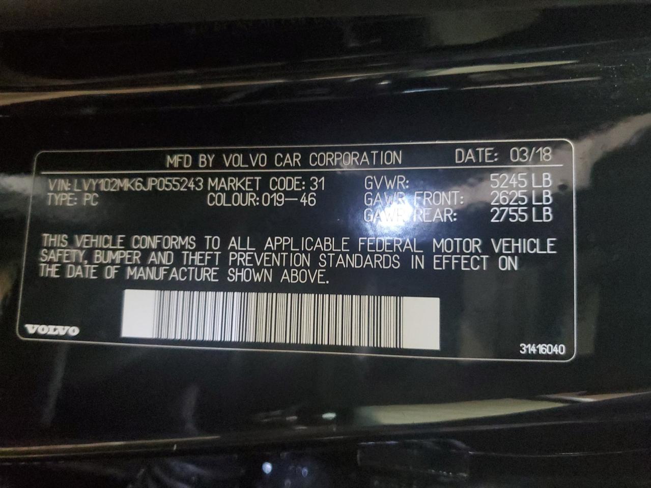 2018 Volvo S90 VIN LVY102MK6JP055243 Copart auction photo, undercarriage / front end damage thumbnail 12