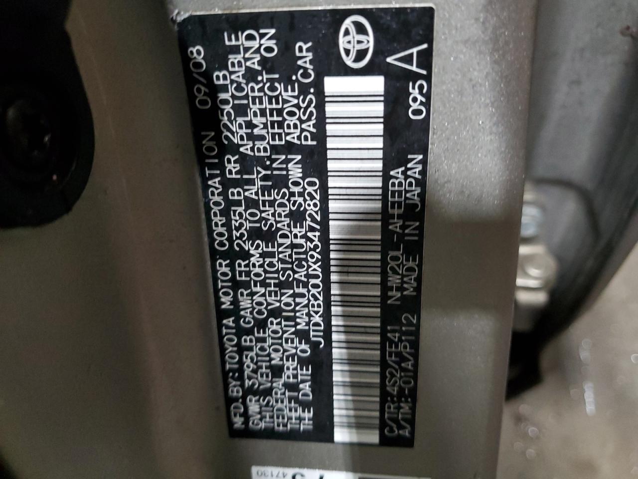 2009 Toyota Prius VIN JTDKB20UX93472820 Copart auction photo, front end damage thumbnail 13