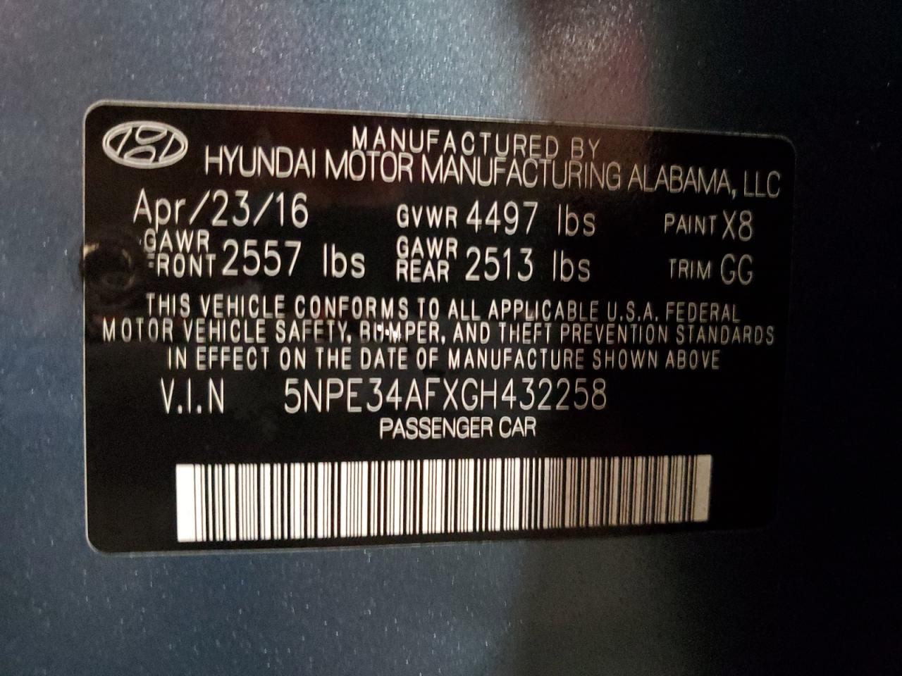 2016 Hyundai Sonata VIN 5NPE34AFXGH432258 Copart auction photo, side / front end damage thumbnail 12