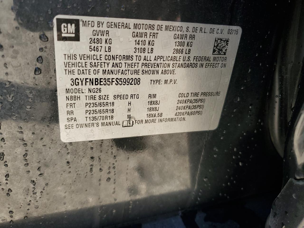 2015 Cadillac SRX VIN 3GYFNBE35FS599208 Copart auction photo, front end damage thumbnail 14