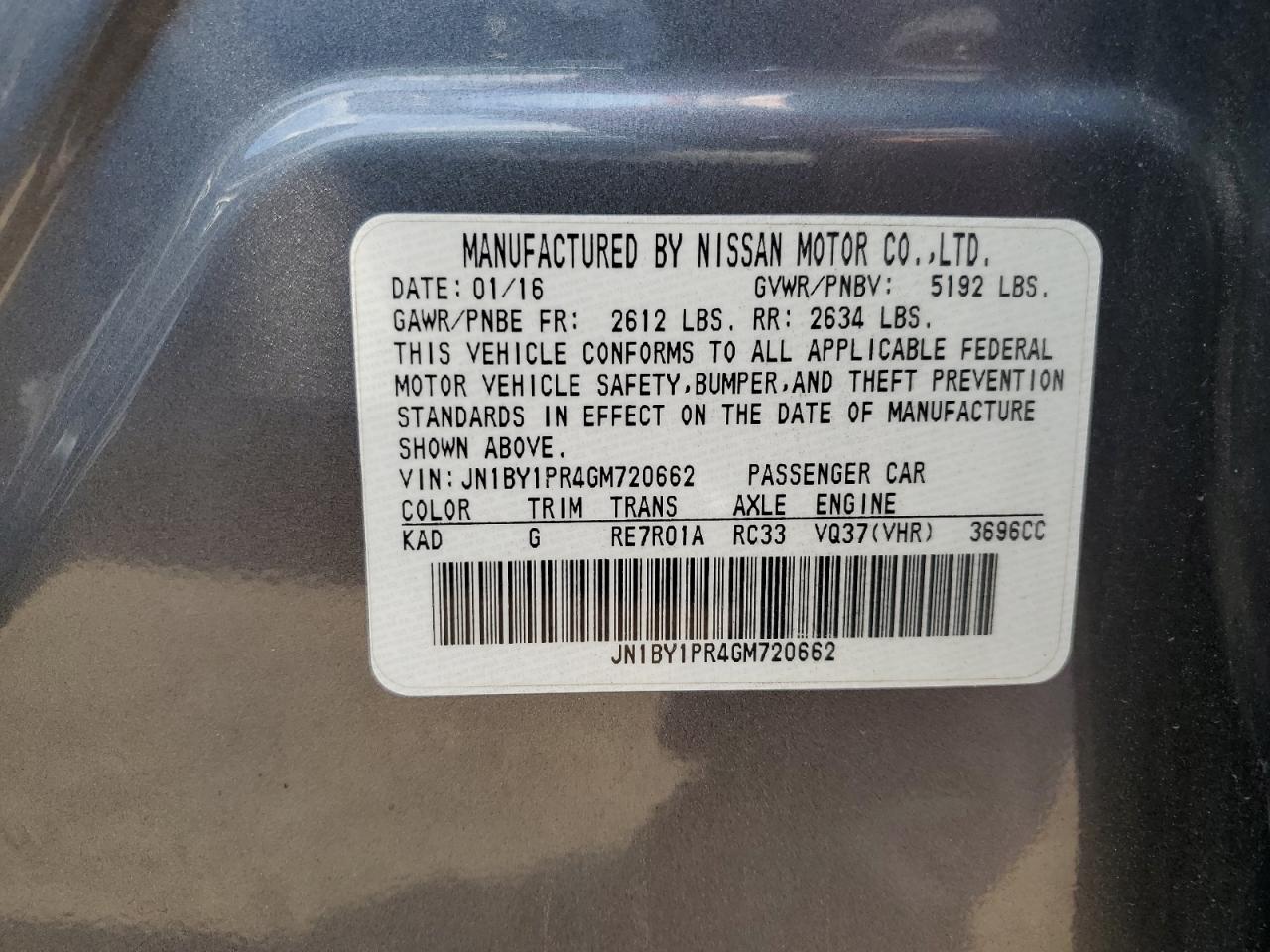 2016 Infiniti Q70 VIN JN1BY1PR4GM720662 Copart auction photo, rear end / minor dent/scratches damage thumbnail 12