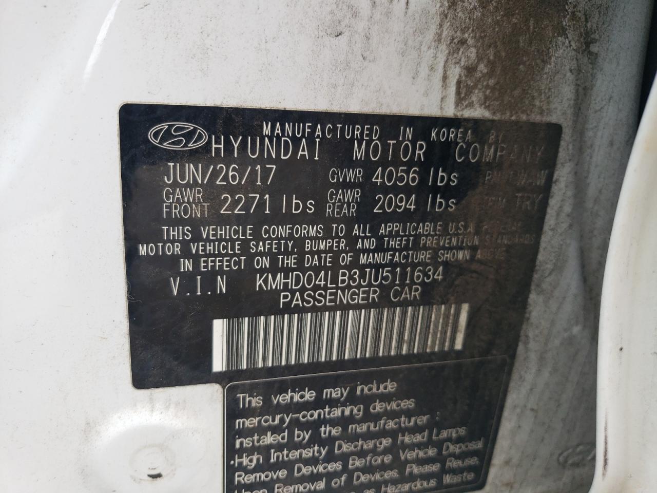 2018 Hyundai Elantra VIN KMHD04LB3JU511634 Copart auction photo, front end / side damage thumbnail 14