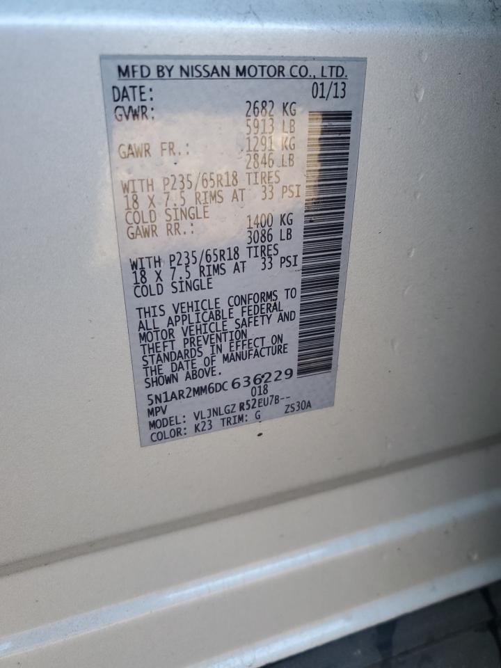 2013 Nissan Pathfinder VIN 5N1AR2MM6DC636229 Copart auction photo, rear end / minor dent/scratches damage thumbnail 13