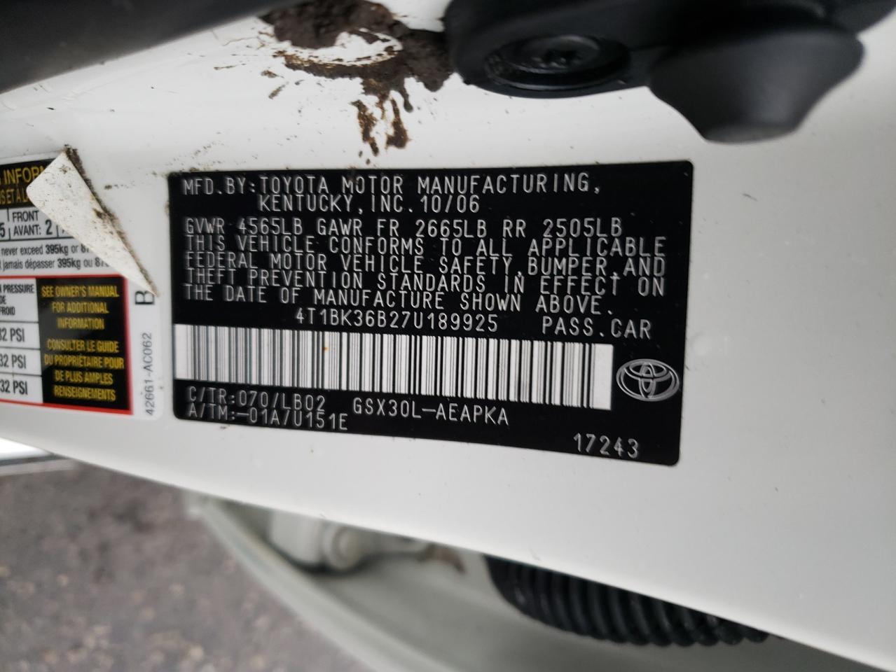 2007 Toyota Avalon VIN 4T1BK36B27U189925 Copart auction photo, all over damage thumbnail 13