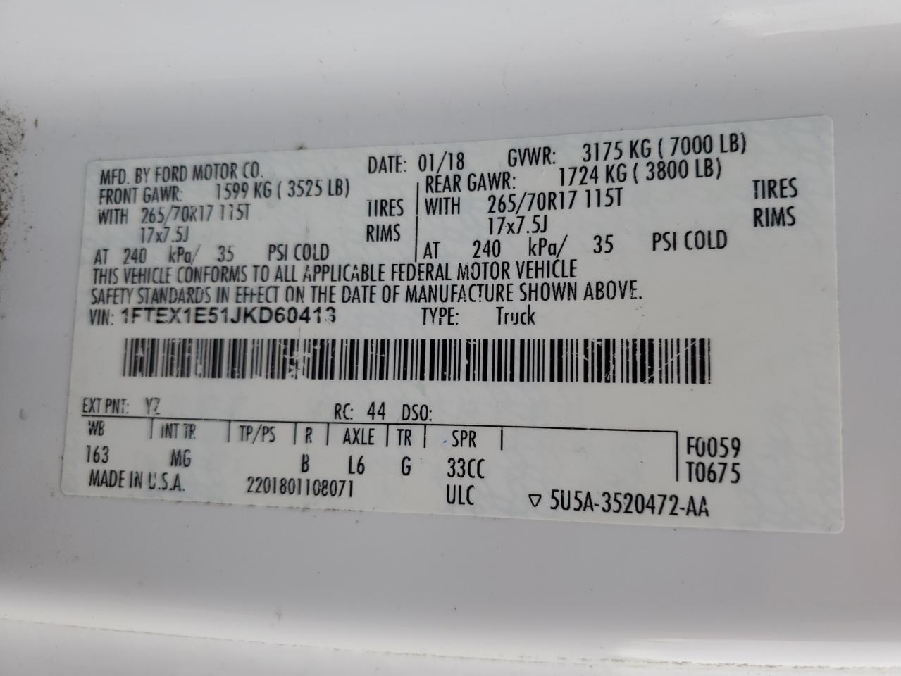 2018 Ford F-150 VIN 1FTEX1E51JKD60413 Copart auction photo, side / minor dent/scratches damage thumbnail 12