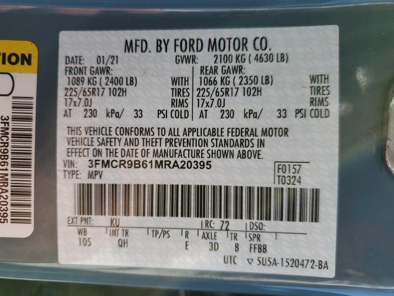 2021 Ford Bronco VIN 3FMCR9B61MRA20395 Copart auction photo, all over damage thumbnail 13