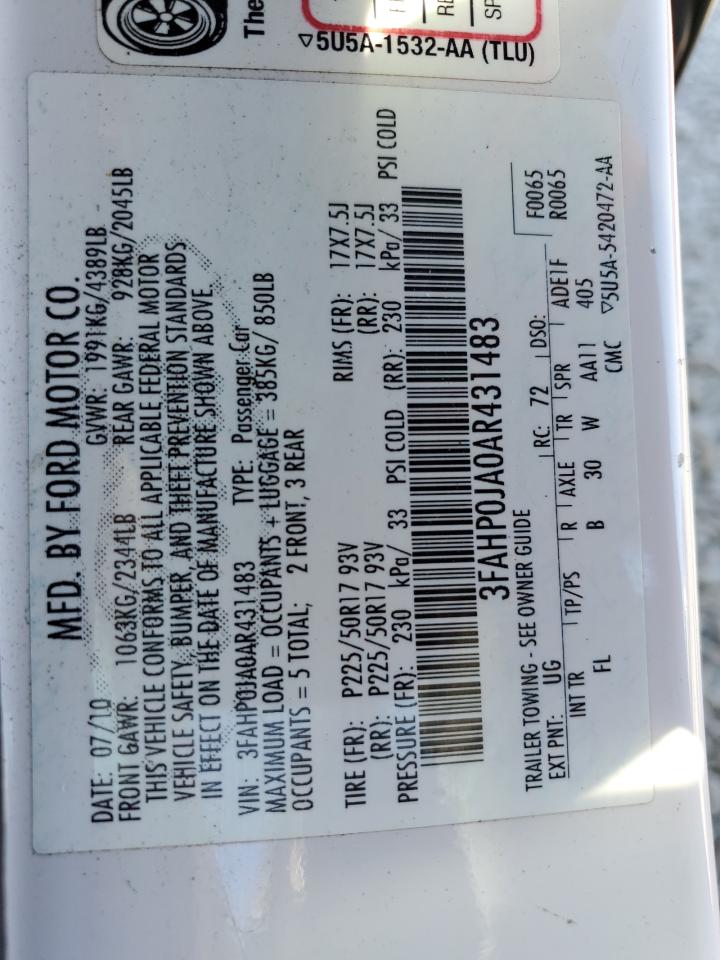 2010 Ford Fusion VIN 3FAHP0JA0AR431483 Copart auction photo, front end / minor dent/scratches damage thumbnail 13