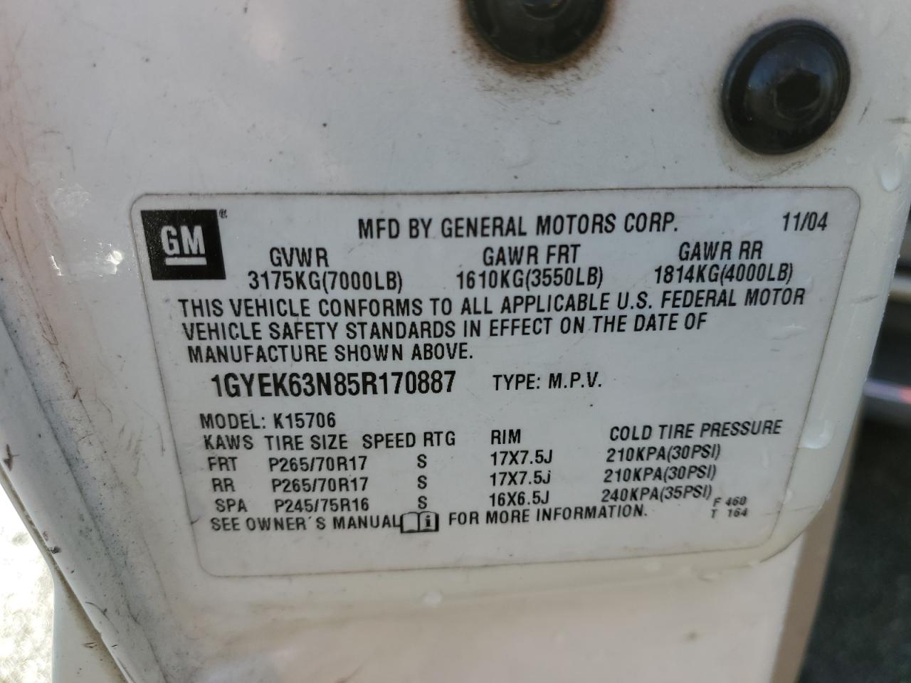 2005 Cadillac Escalade VIN 1GYEK63N85R170887 Copart auction photo, front end / rear end damage thumbnail 13