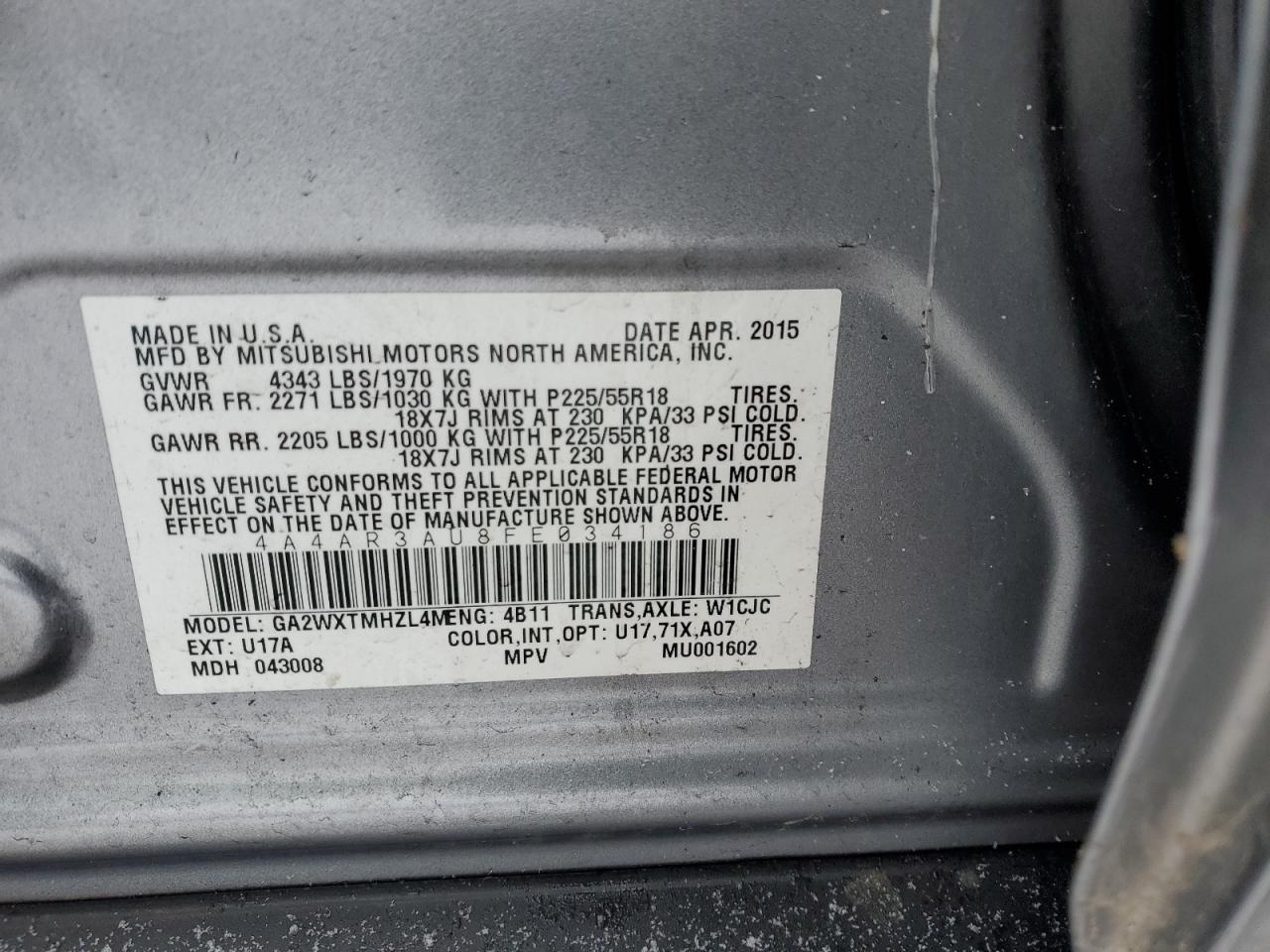 2015 Mitsubishi Outlander VIN 4A4AR3AU8FE034186 Copart auction photo, front end damage thumbnail 13