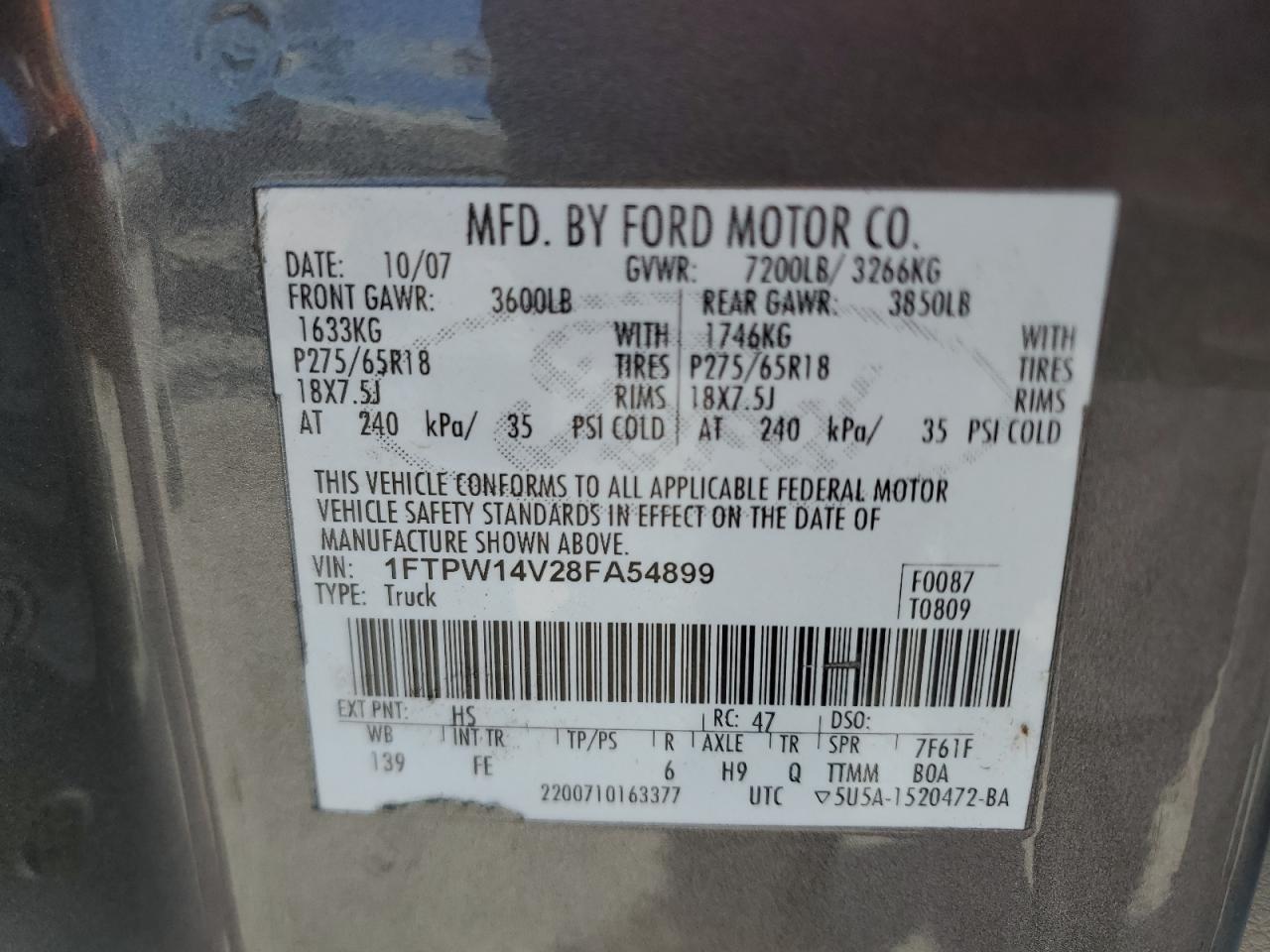 2008 Ford F-150 VIN 1FTRF122X8KB22374 Copart auction photo, front end damage thumbnail 14