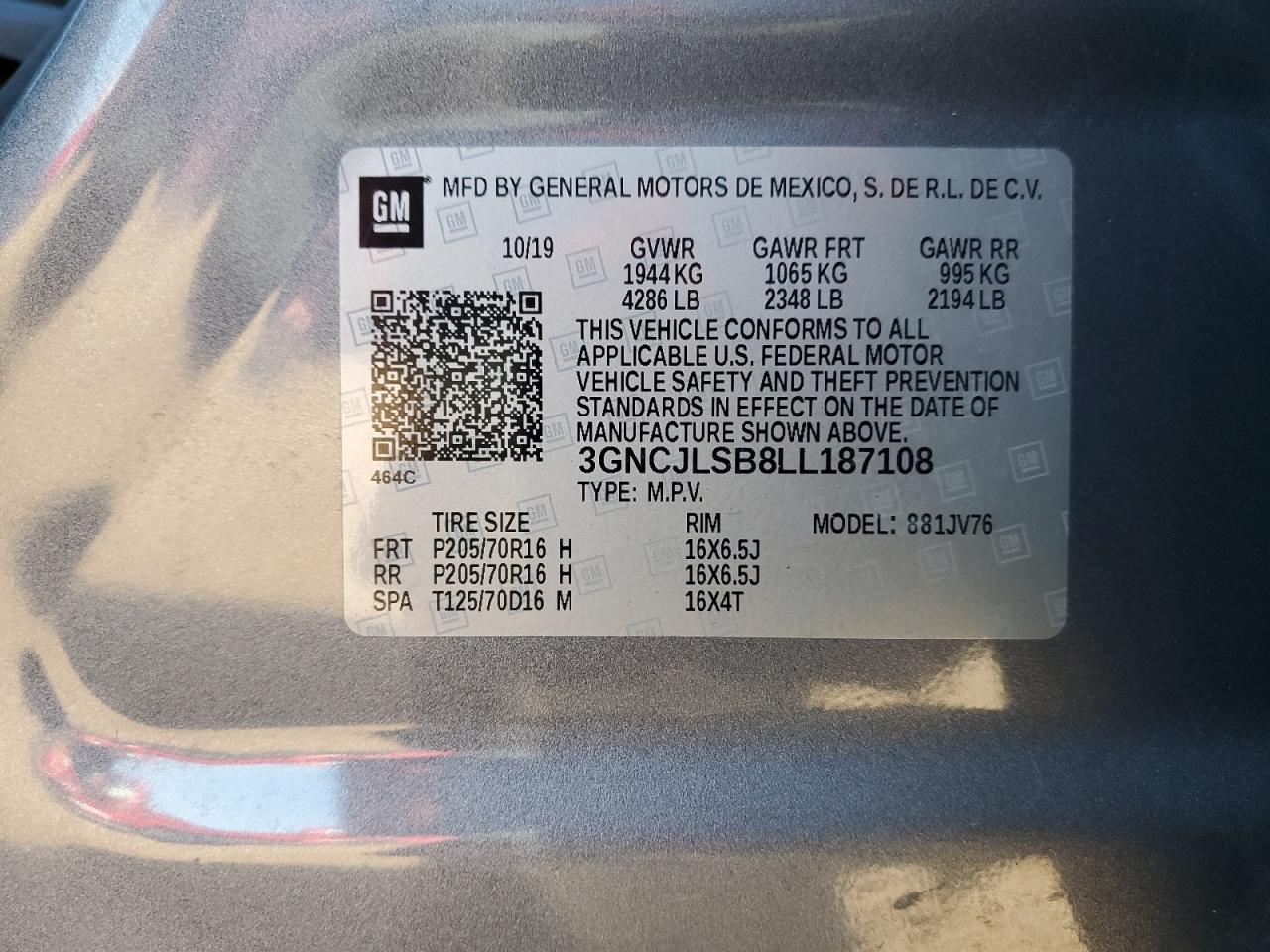 2020 Chevrolet Trax VIN 3GNCJLSB8LL187108 Copart auction photo, rear end / mechanical damage thumbnail 13