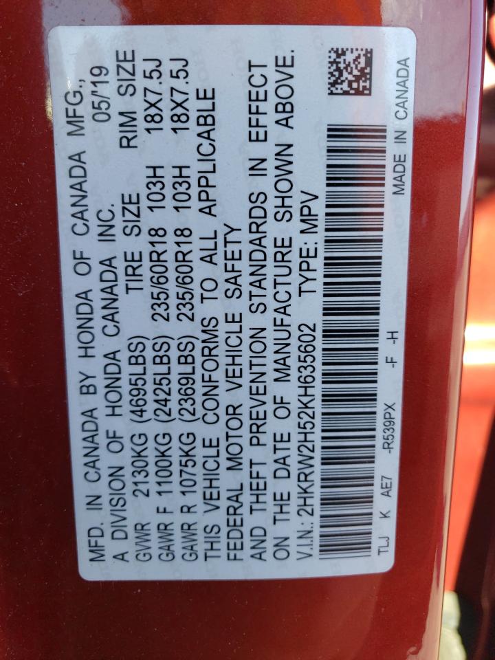 2019 Honda CR-V VIN 2HKRW2H52KH635602 Copart auction photo, rear end damage thumbnail 13