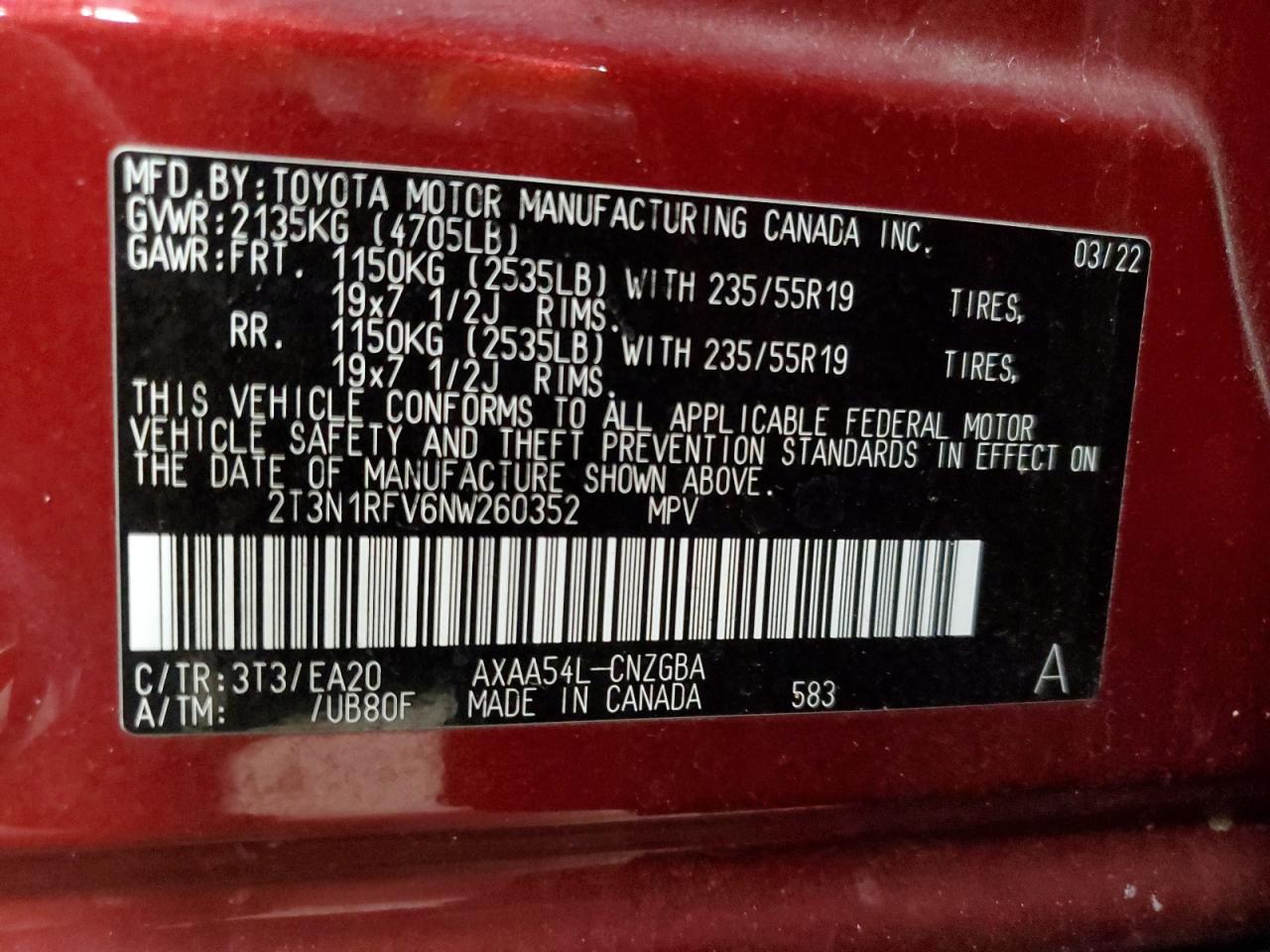 2022 Toyota RAV 4 VIN 2T3N1RFV6NW260352 Copart auction photo, rear end damage thumbnail 13
