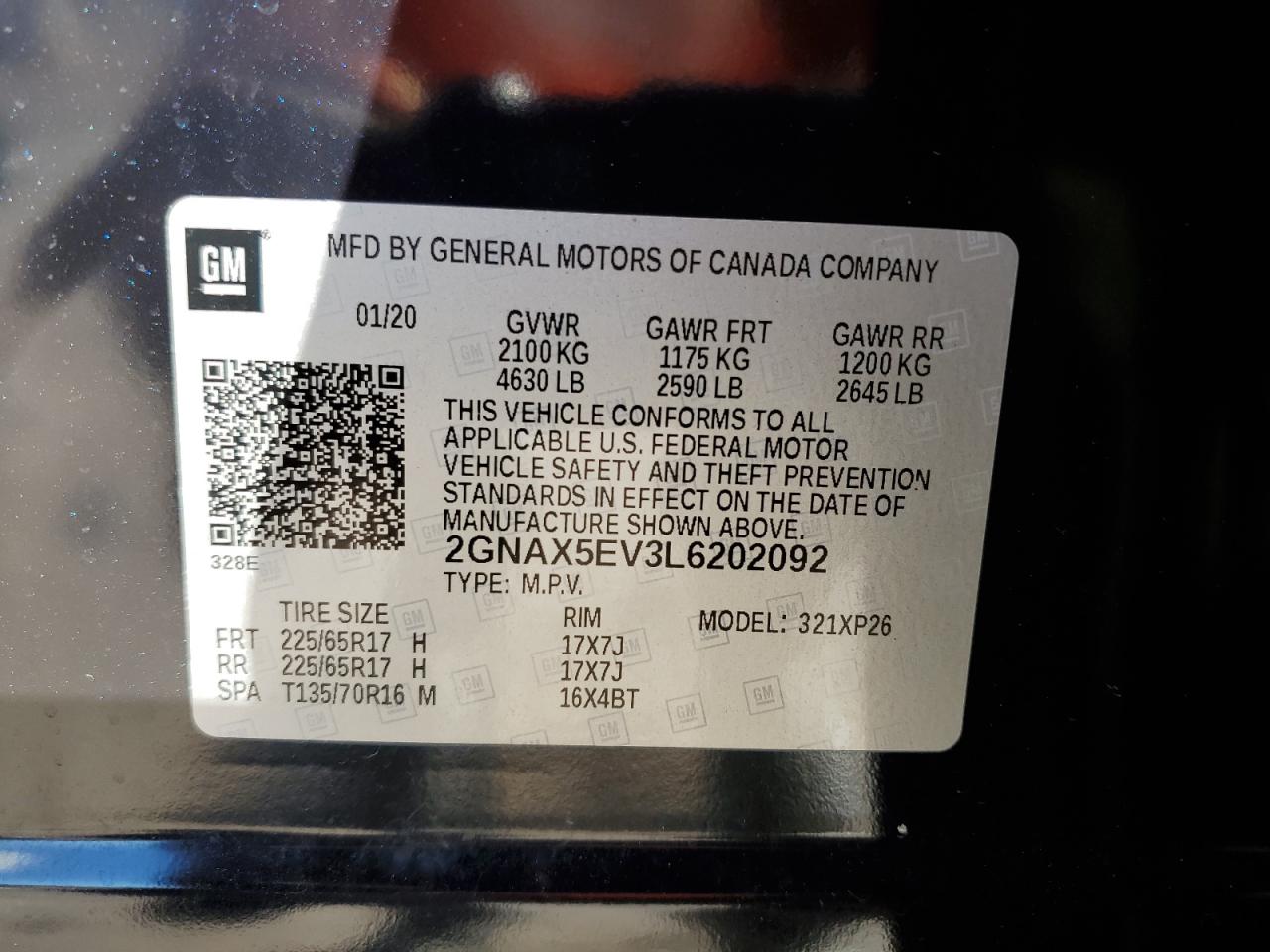 2020 Chevrolet Equinox VIN 2GNAX5EV3L6202092 Copart auction photo, hail damage thumbnail 13