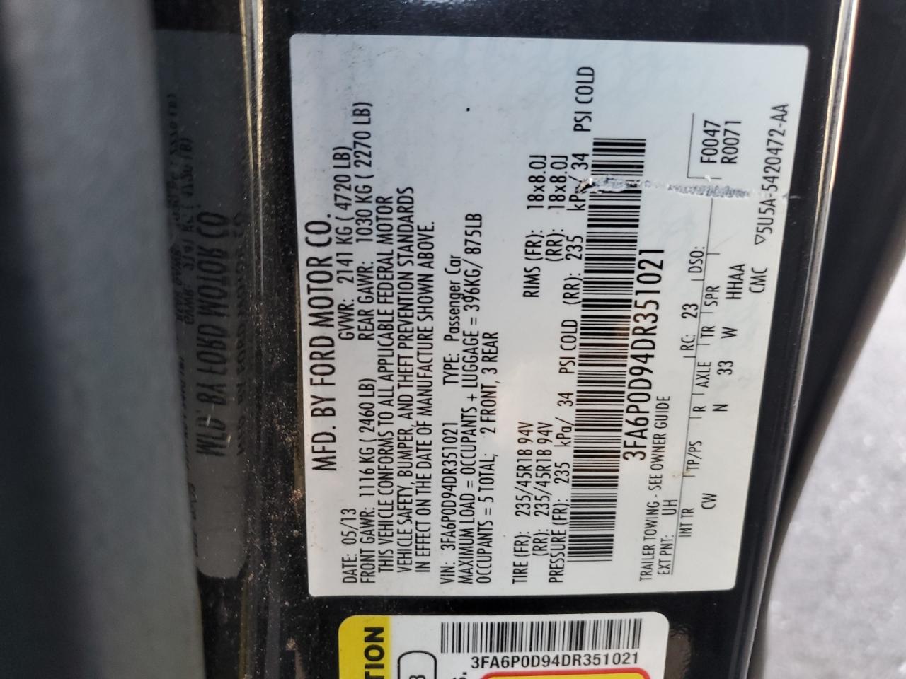 2013 Ford Fusion VIN 3FA6P0D94DR351021 Copart auction photo, all over damage thumbnail 12