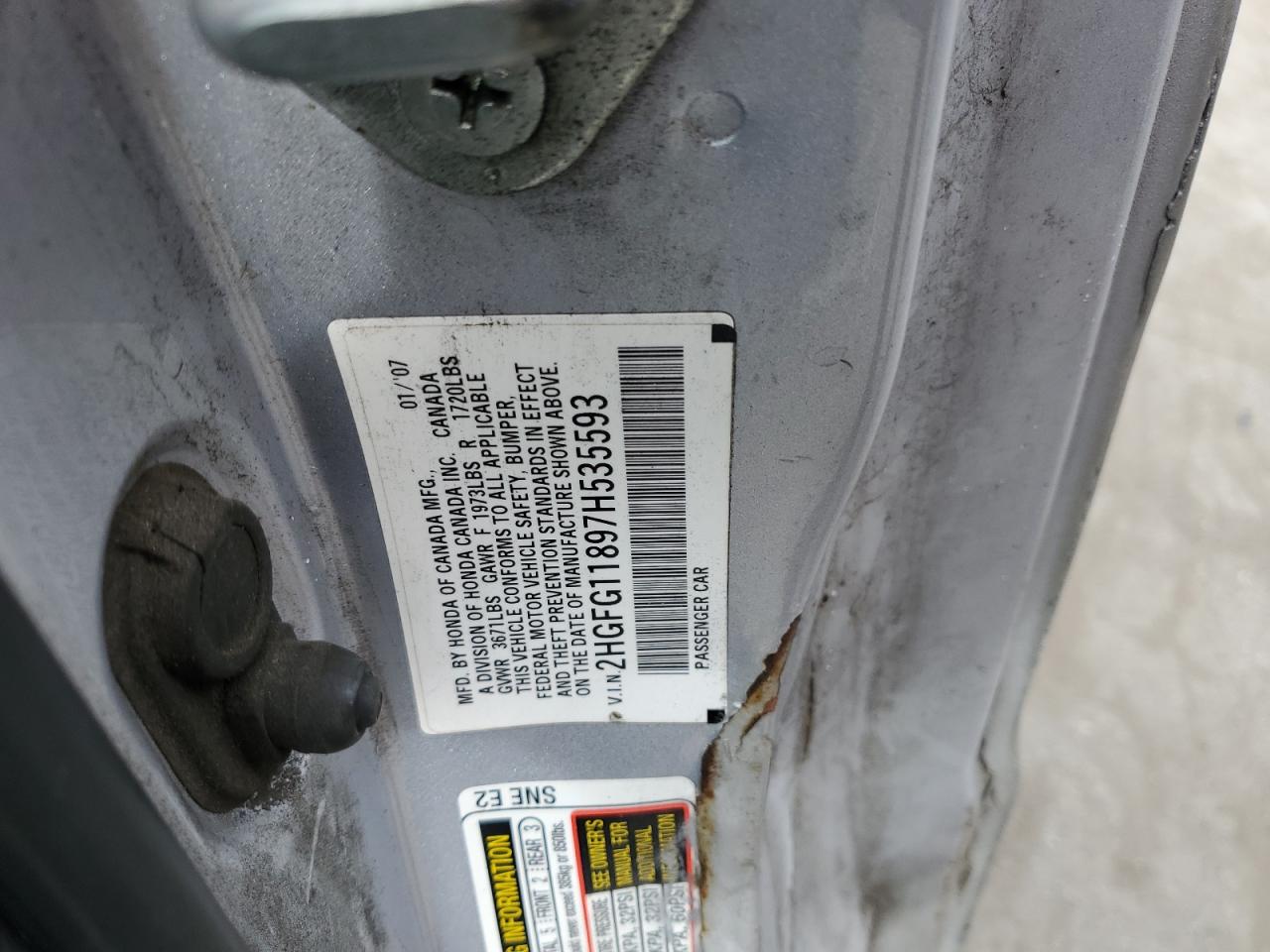 2007 Honda Civic VIN 2HGFG11897H535593 Copart auction photo, vandalism damage thumbnail 12