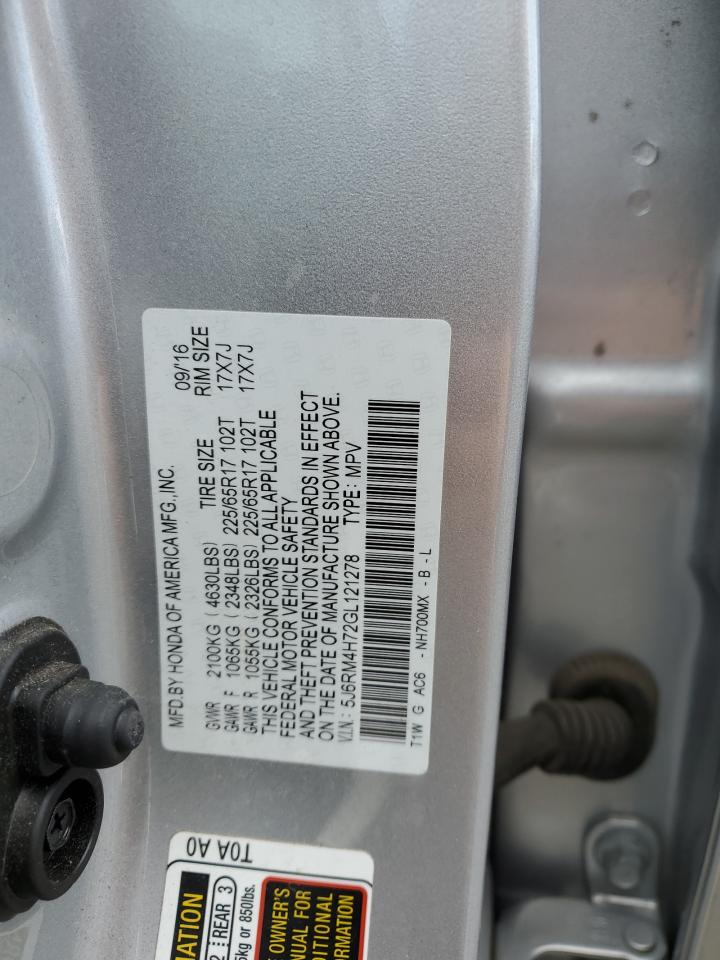 2016 Honda CR-V VIN 5J6RM4H72GL121278 Copart auction photo, hail damage thumbnail 14