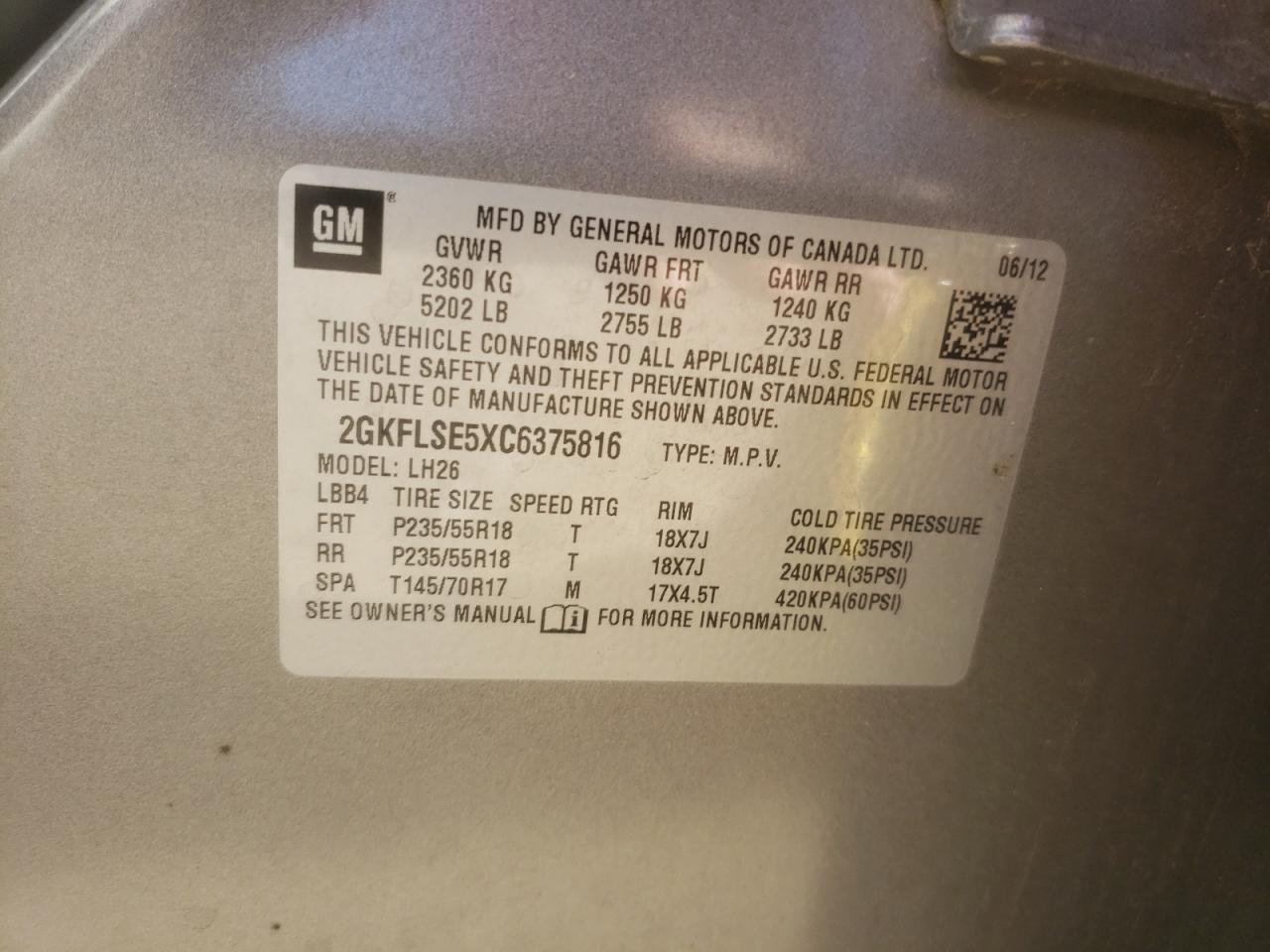 2012 GMC Terrain VIN 2GKFLSE5XC6375816 Copart auction photo, all over / undercarriage damage thumbnail 15