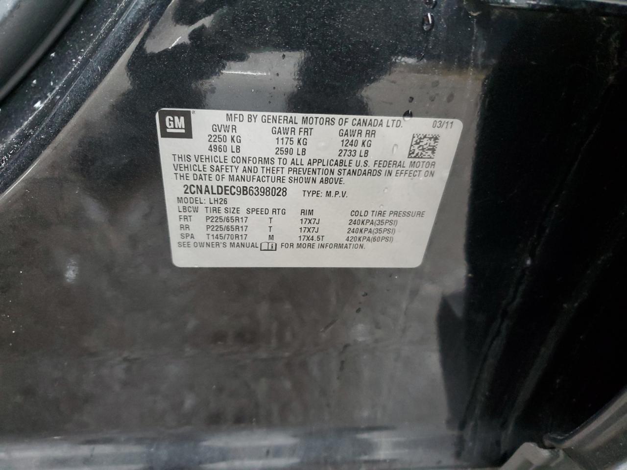 2011 Chevrolet Equinox VIN 2CNALDEC9B6398028 Copart auction photo, front end damage thumbnail 13