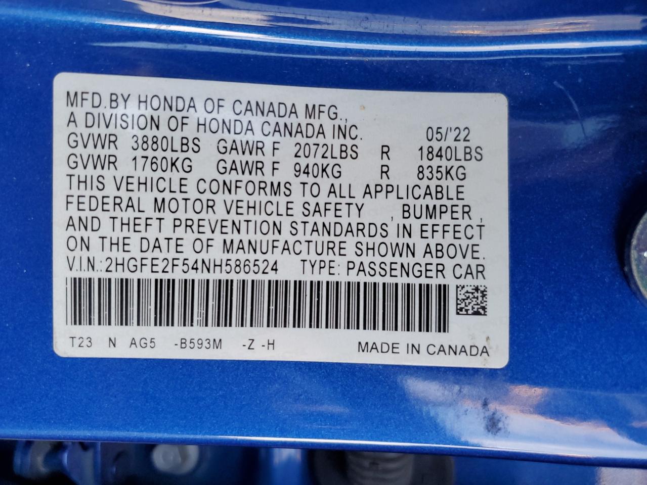 2022 Honda Civic VIN 2HGFE2F54NH586524 Copart auction photo, front end damage thumbnail 14