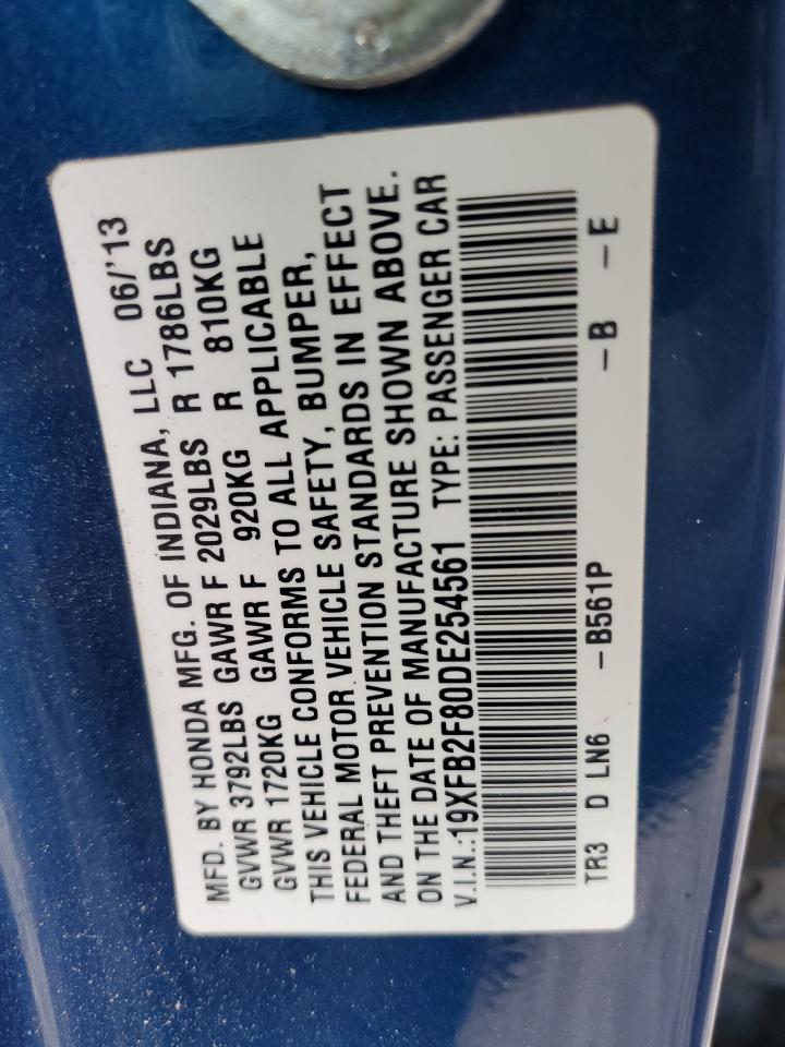 2013 Honda Civic VIN 19XFB2F80DE254561 Copart auction photo, rear end damage thumbnail 12