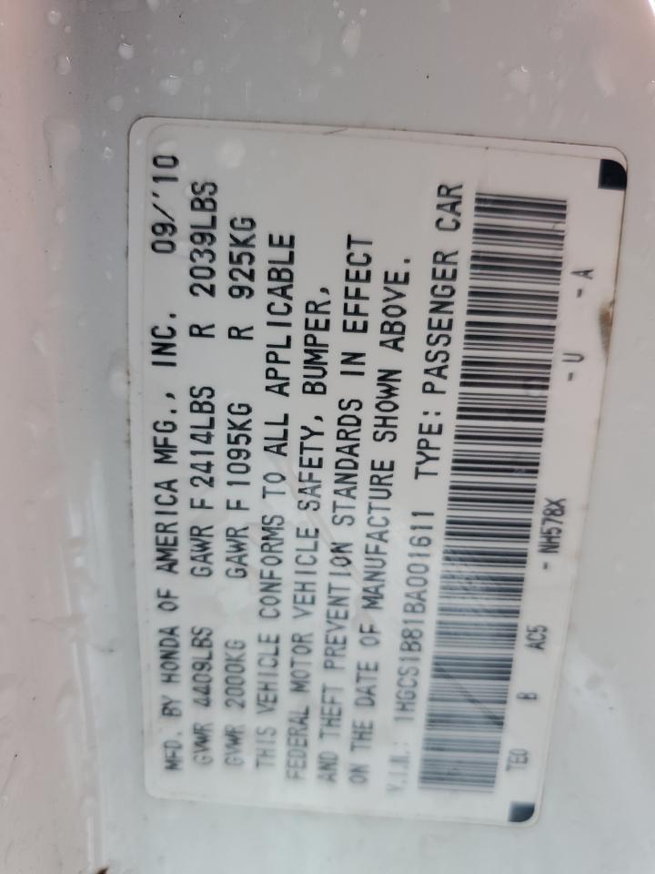 2011 Honda Accord VIN 1HGCS1B81BA001611 Copart auction photo, front end / rear end damage thumbnail 12