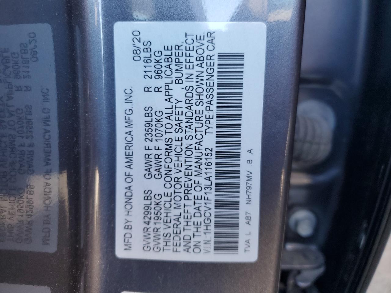 2020 Honda Accord VIN 1HGCV1F13LA116152 Copart auction photo, side / rear end damage thumbnail 13