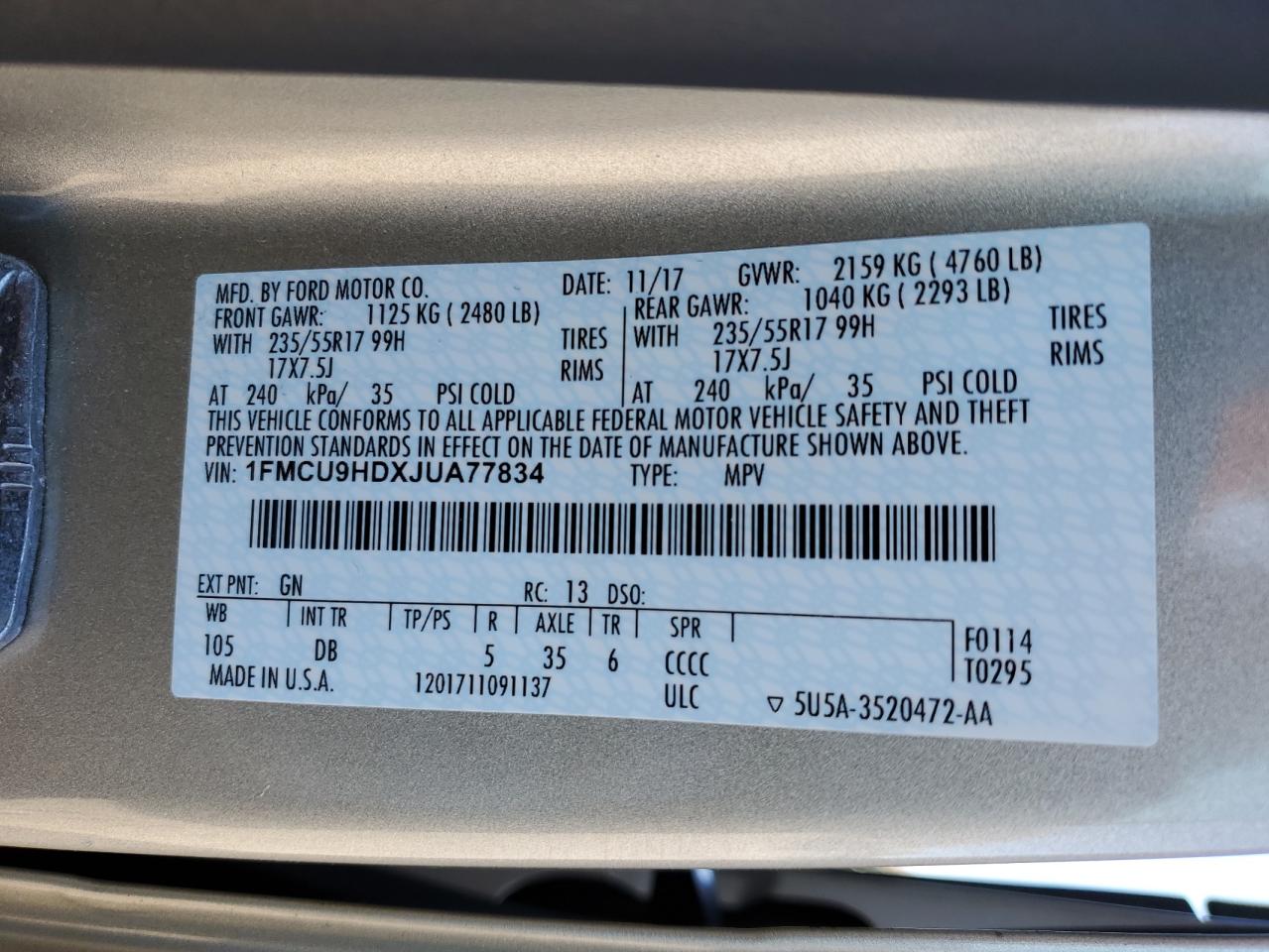 2018 Ford Escape VIN 1FMCU9HDXJUA77834 Copart auction photo, front end / undercarriage damage thumbnail 16