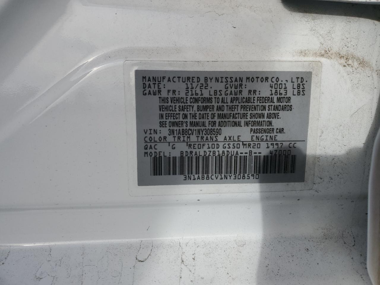 2022 Nissan Sentra VIN 3N1AB8CV1NY308590 Copart auction photo, front end / minor dent/scratches damage thumbnail 14