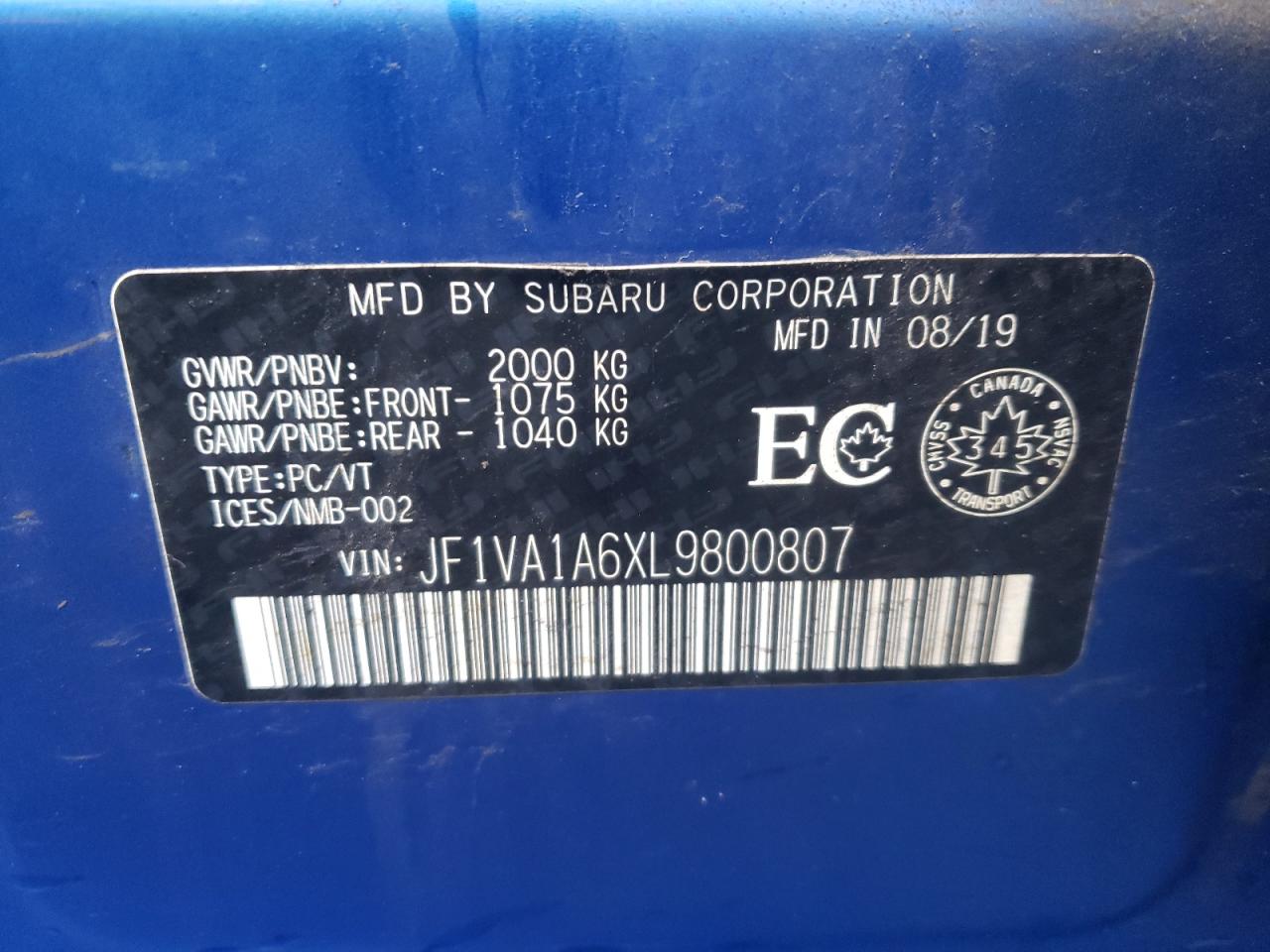2020 Subaru WRX VIN JF1VA1A6XL9800807 Copart auction photo, front end / side damage thumbnail 13