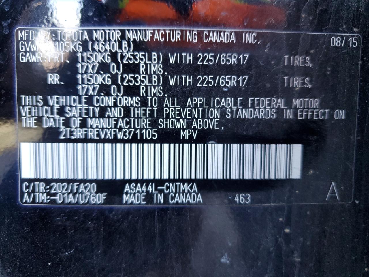 2015 Toyota RAV 4 VIN 2T3RFREVXFW371105 Copart auction photo, front end / minor dent/scratches damage thumbnail 15