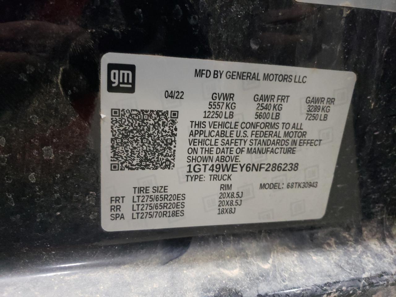 2022 GMC Sierra VIN 1GT49WEY6NF286238 Copart auction photo, rollover damage thumbnail 12