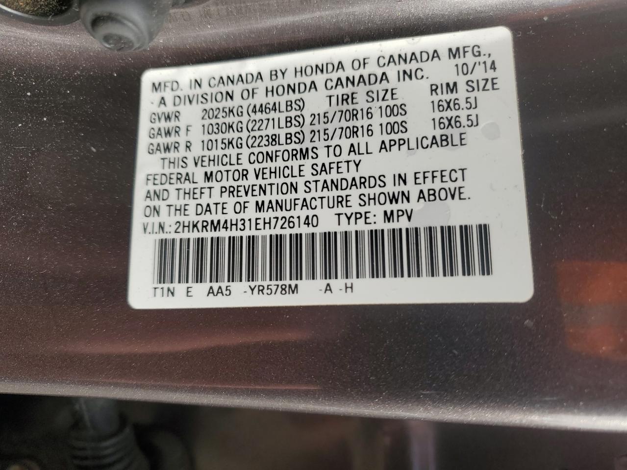 2014 Honda CR-V VIN 2HKRM4H31EH726140 Copart auction photo, front end / minor dent/scratches damage thumbnail 13