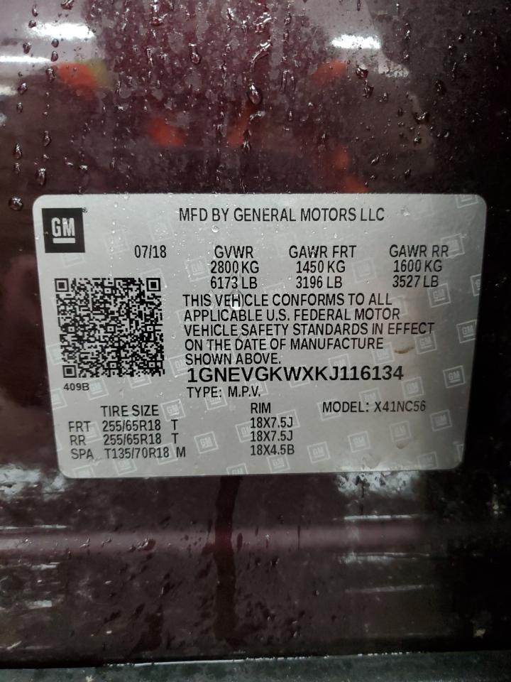 2019 Chevrolet Traverse VIN 1GNEVGKWXKJ116134 Copart auction photo, side / rear end damage thumbnail 13
